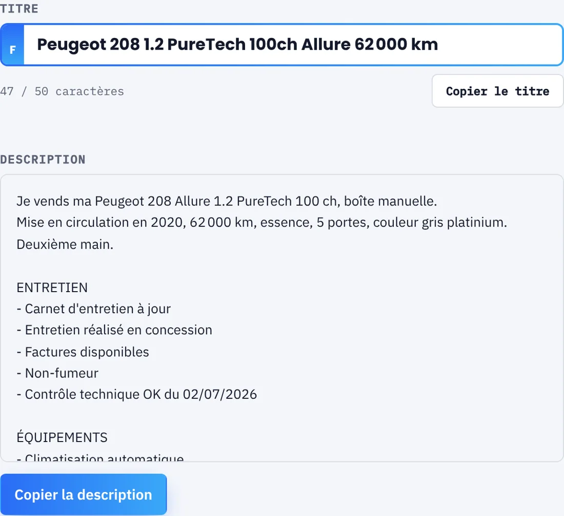 Titre et description d'annonce générés pour une Peugeot 208