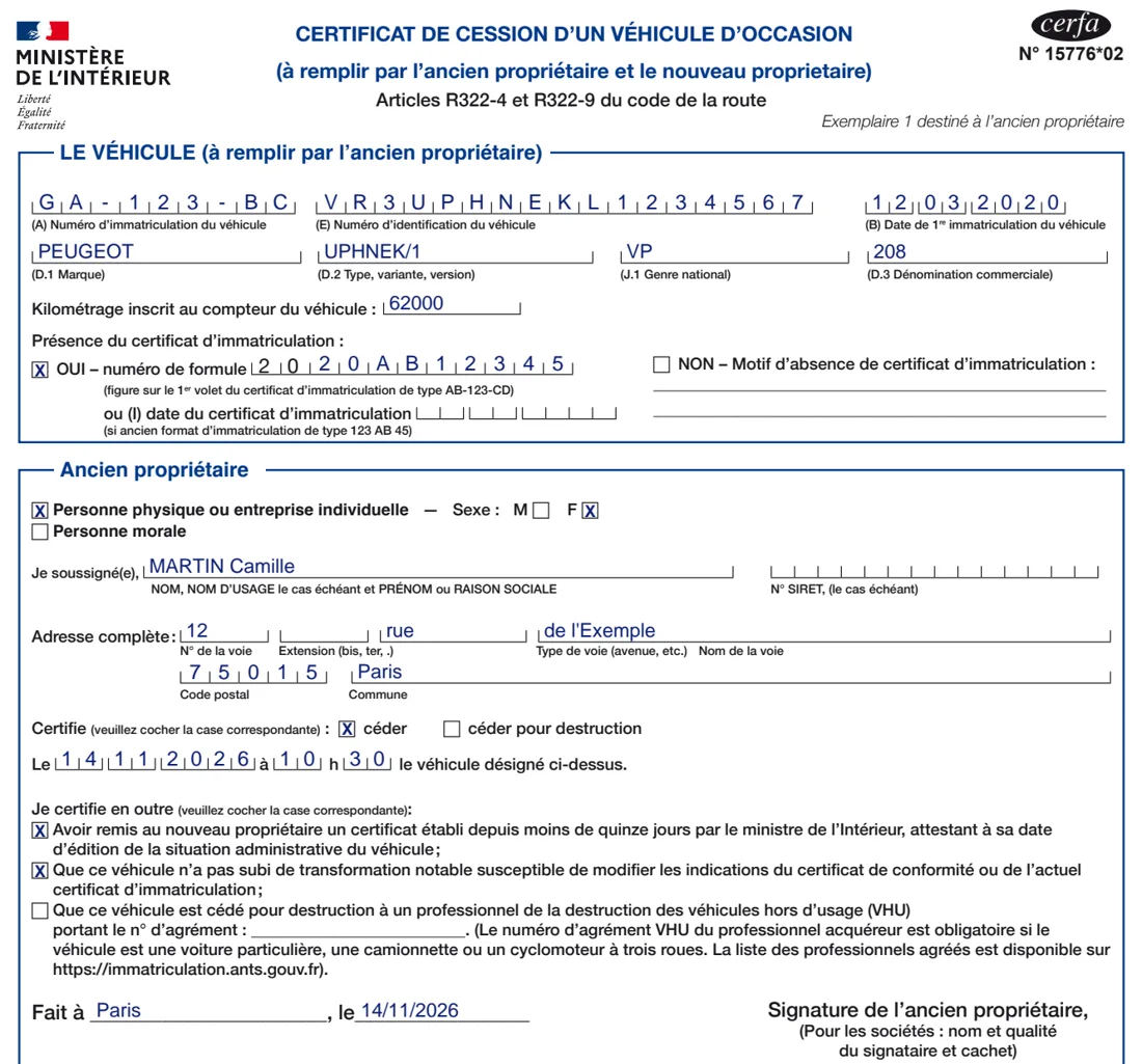 Certificat de cession Cerfa 15776*02 pré-rempli avec des données d'exemple